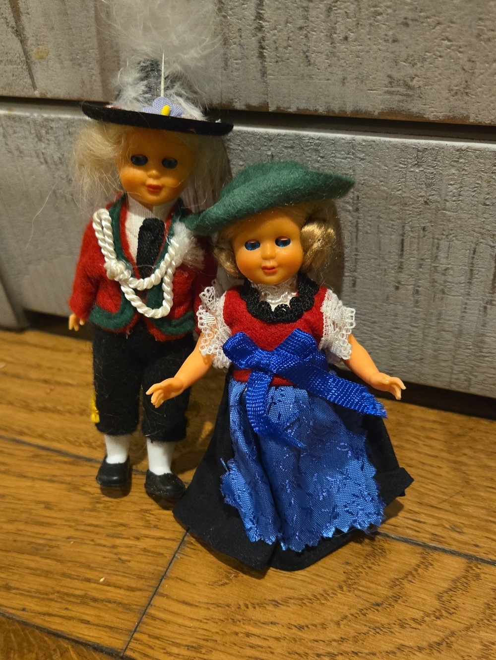 Pair of vintage Alpine, Swiss, or Austrian souvenir folk-costume dolls